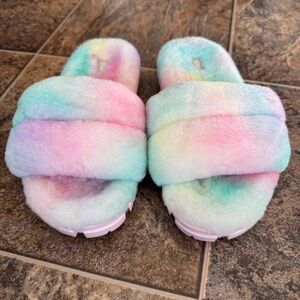 UGG Cozetta Watercolors Indoor-Outdoor Sheepskin Slide Slippers- Rainbow, Size 9